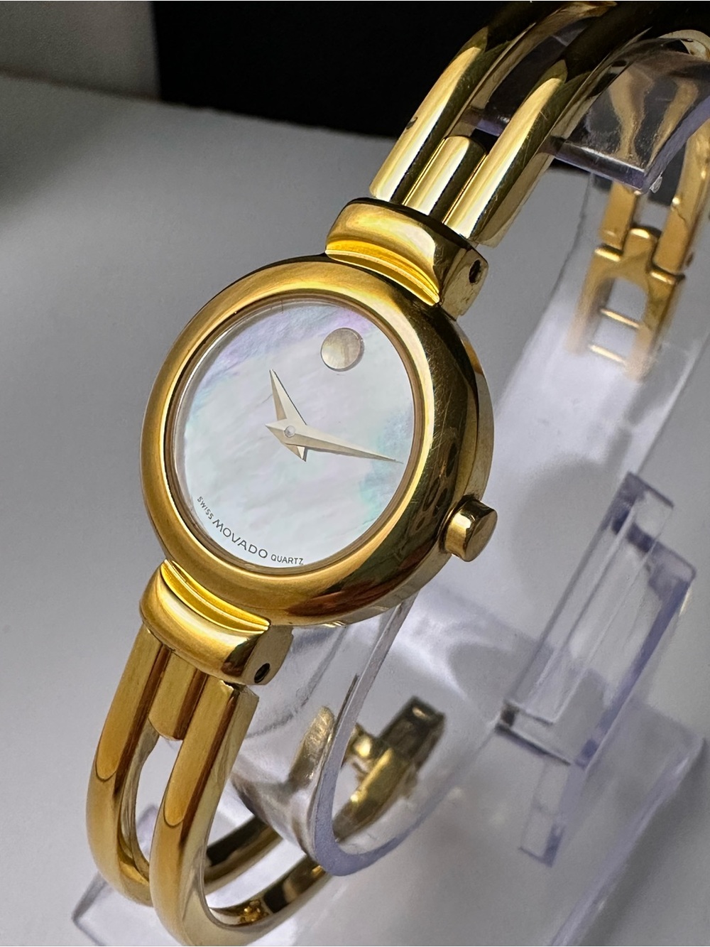 Authentic Movado Women’s Gold Bangle Watch - Mother of Pearl Museum Dial